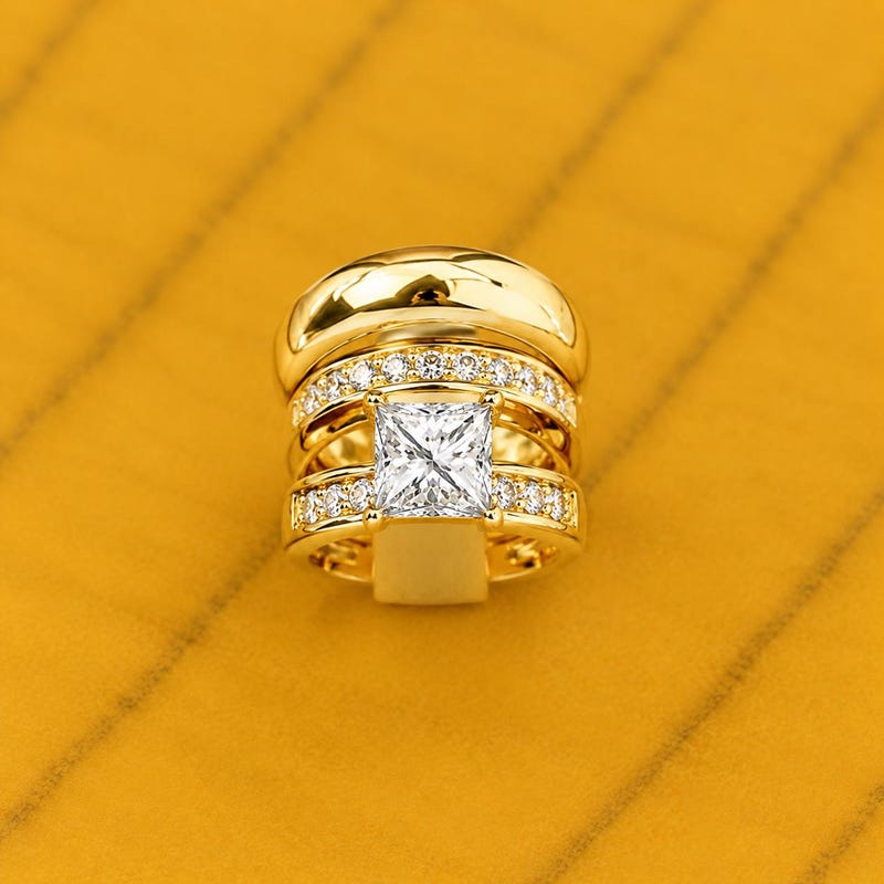 Wedding Engagement Trio Ring Set, His & Her Gifted Ring, 14K Yellow Gold Plated, 2.10Ct Princes Cut CZ Diamond