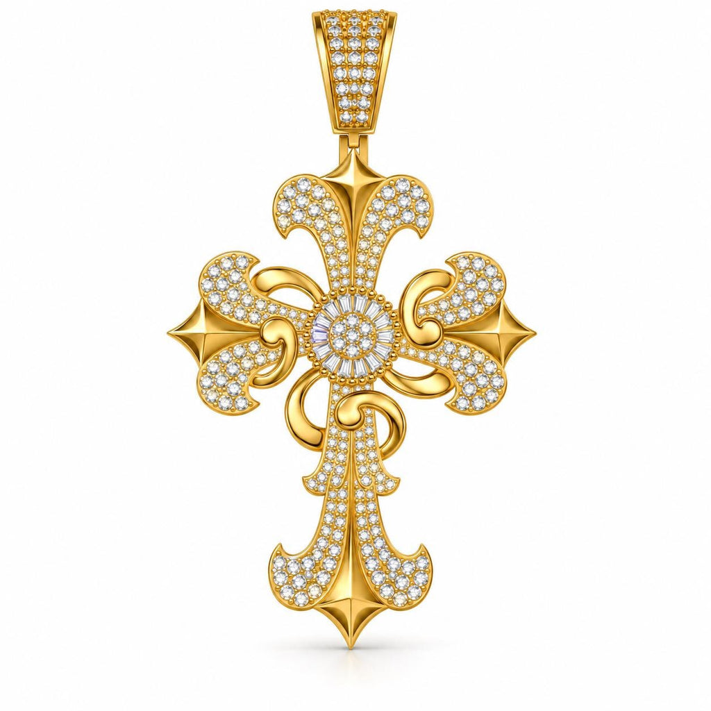 Ornate Baguette Halo Cross Pendant, view 2