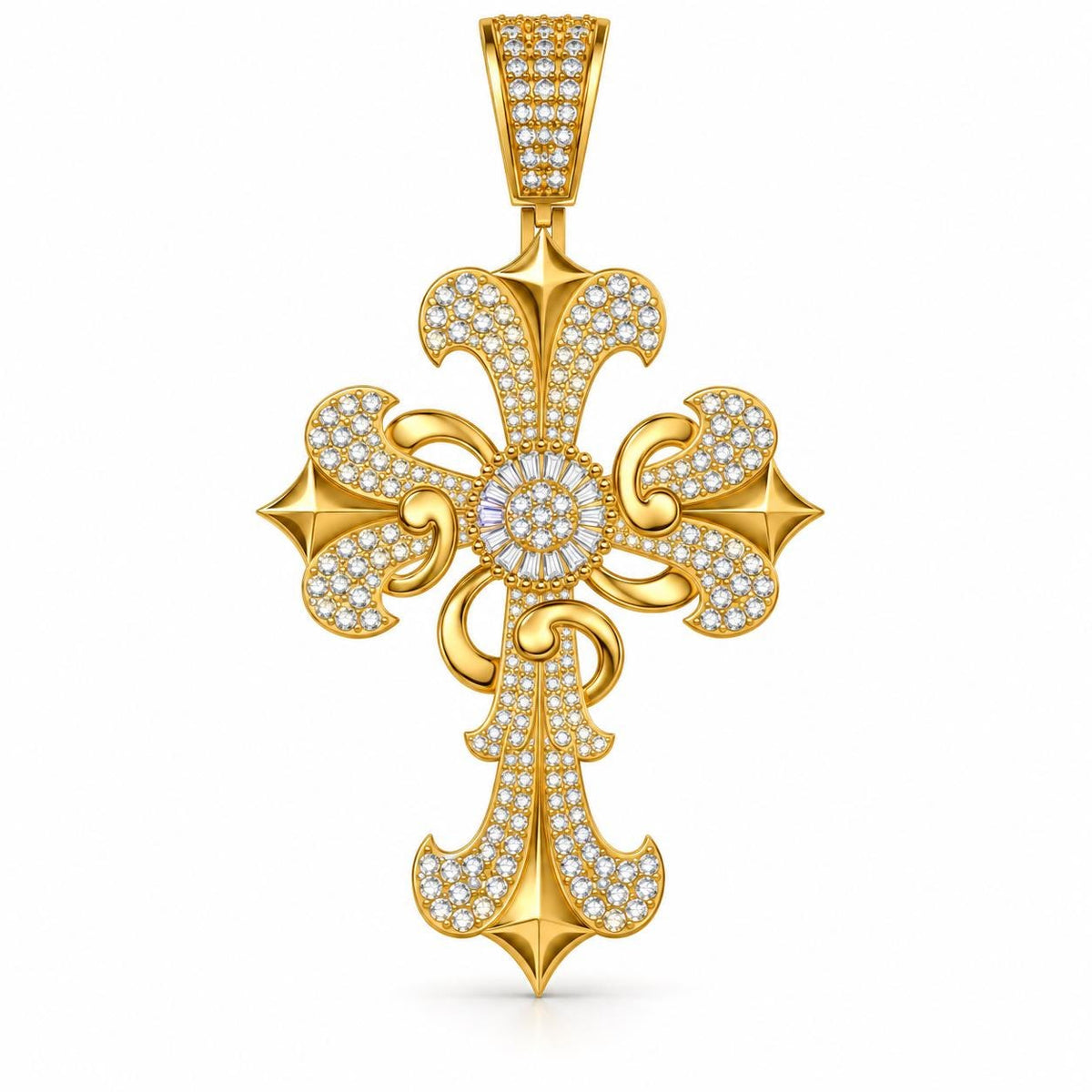 Ornate Baguette Halo Cross Pendant, view 2