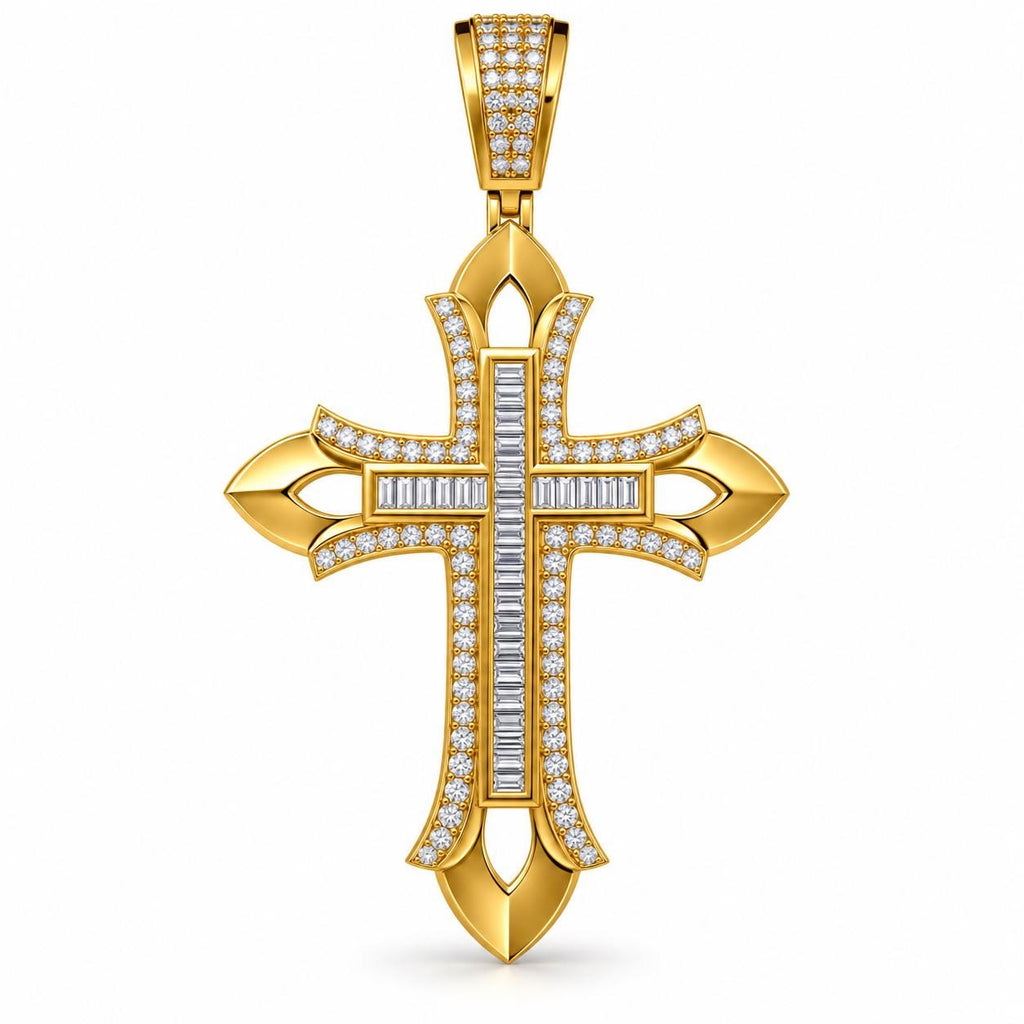 Baguette Cross Pendant with Leaf Tips, view 2