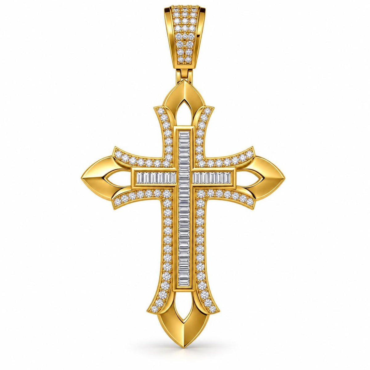 Baguette Cross Pendant with Leaf Tips, view 2