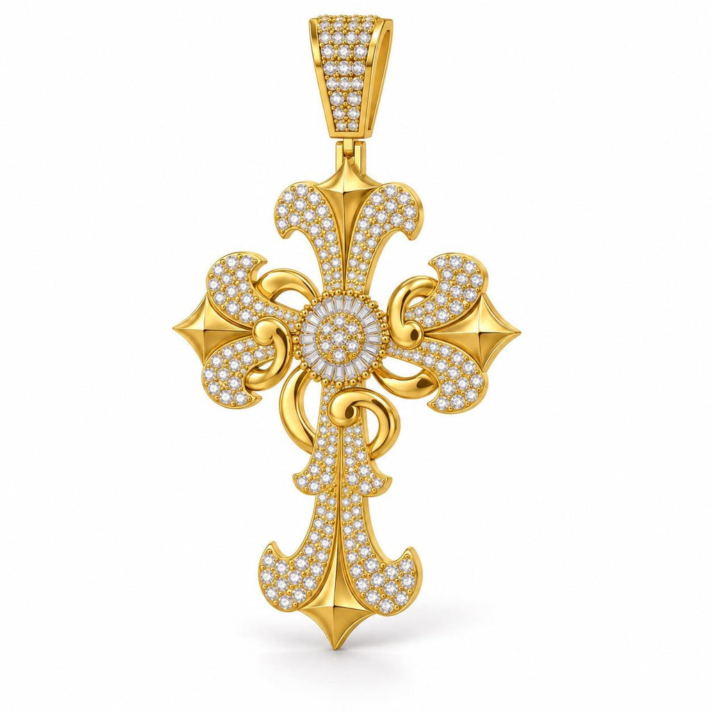 Ornate Baguette Halo Cross Pendant, view 1