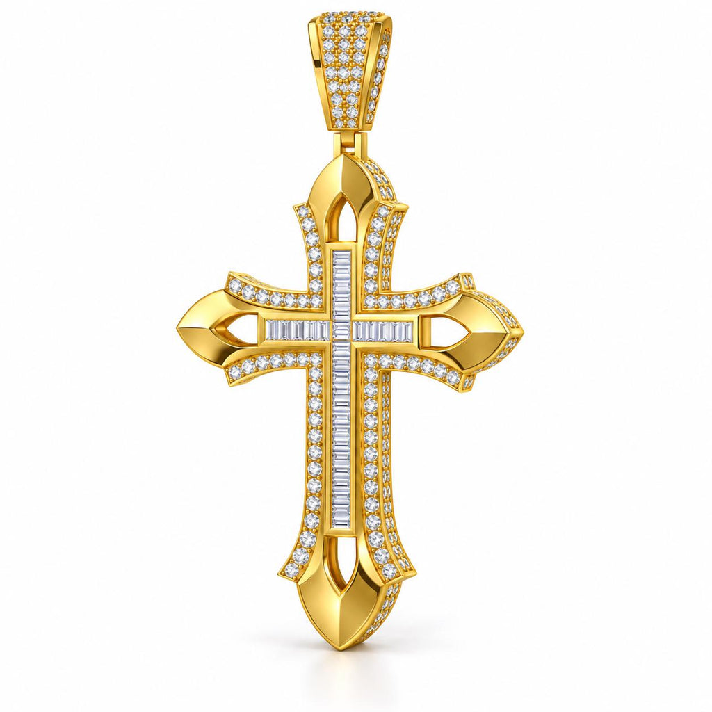 Baguette Cross Pendant with Leaf Tips, view 1