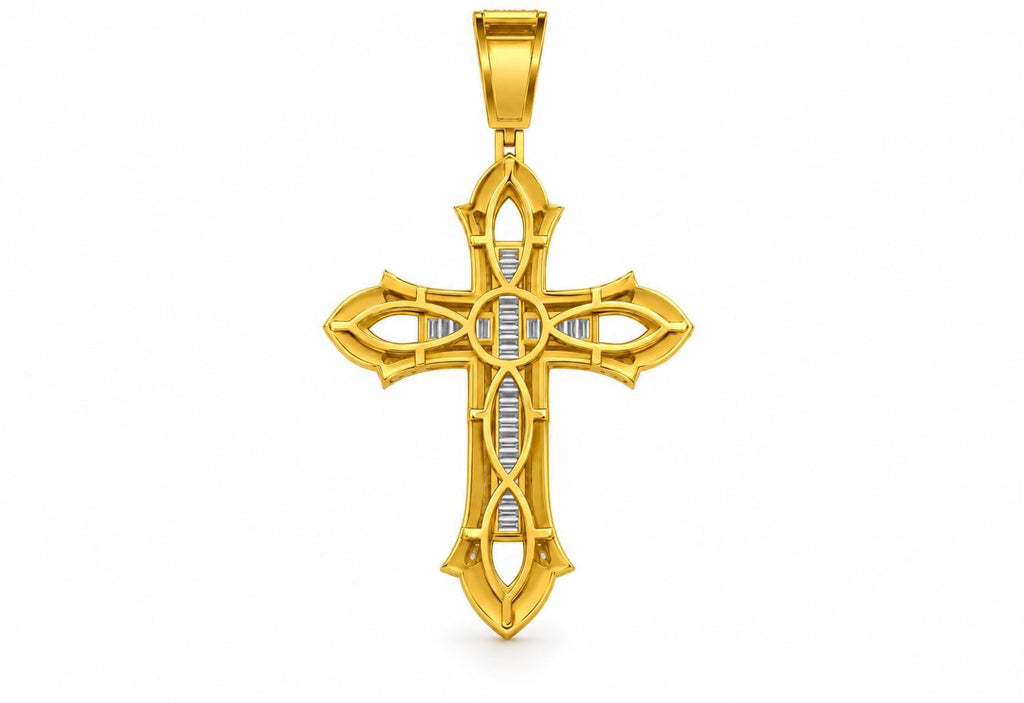 Baguette Cross Pendant with Leaf Tips, view 3