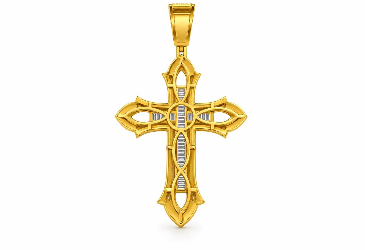 Baguette Cross Pendant with Leaf Tips, view 3