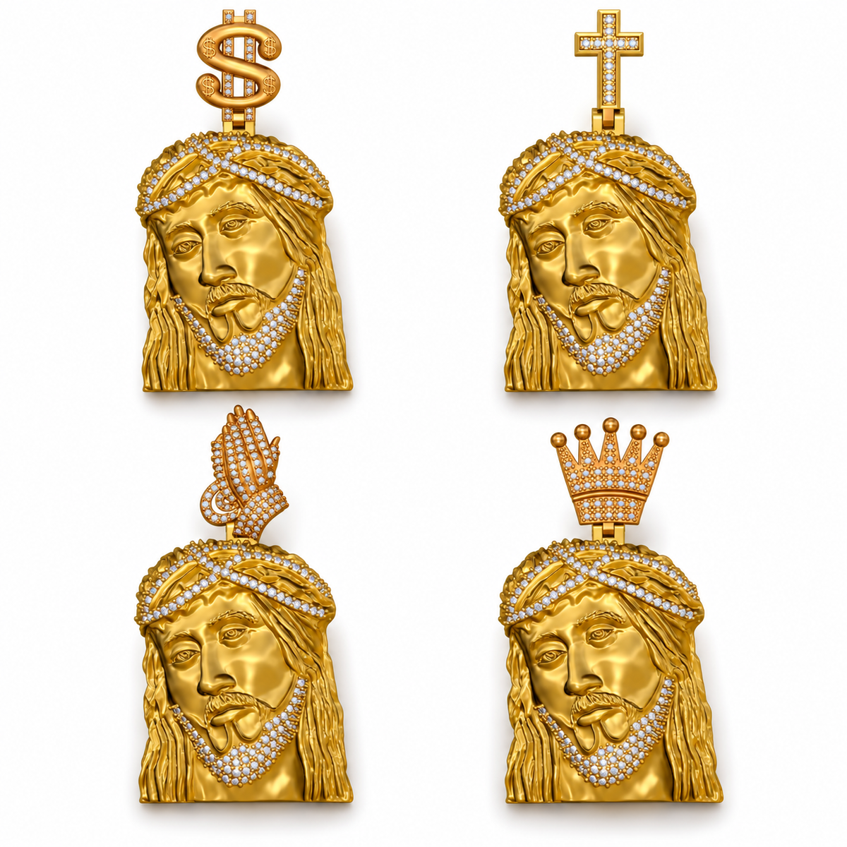 Moissanite Jesus face pendant, gold plated 925 silver, view 1