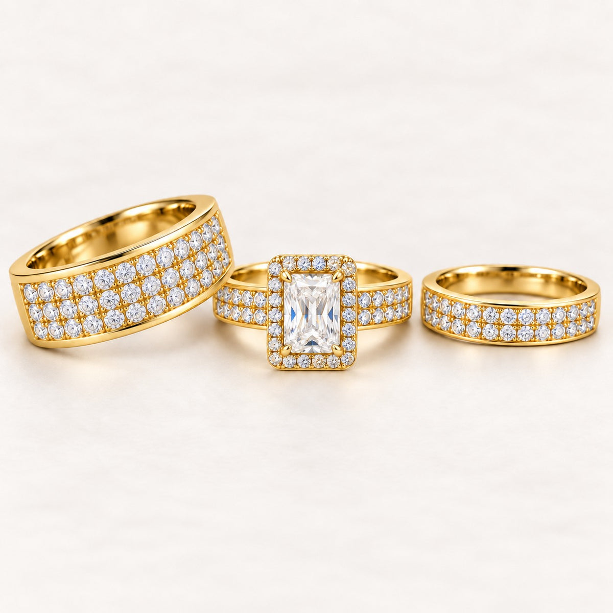 Radiant His & Her Trio Ring Set, 925 Sterling Silver