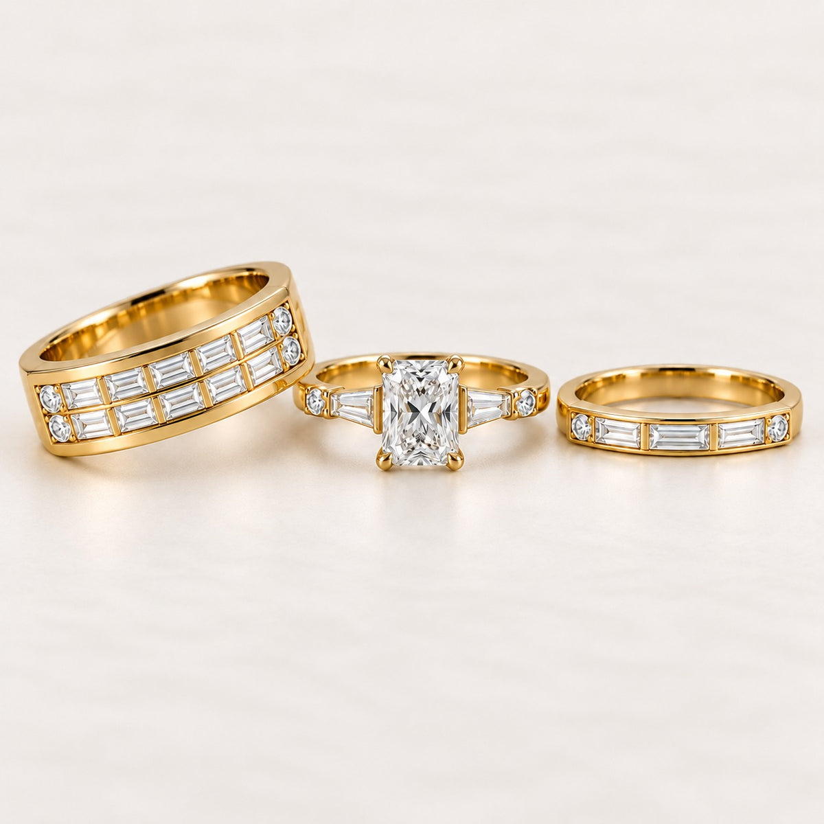 Radiant Baguette His & Her Trio Ring Set, 925 Sterling Silver