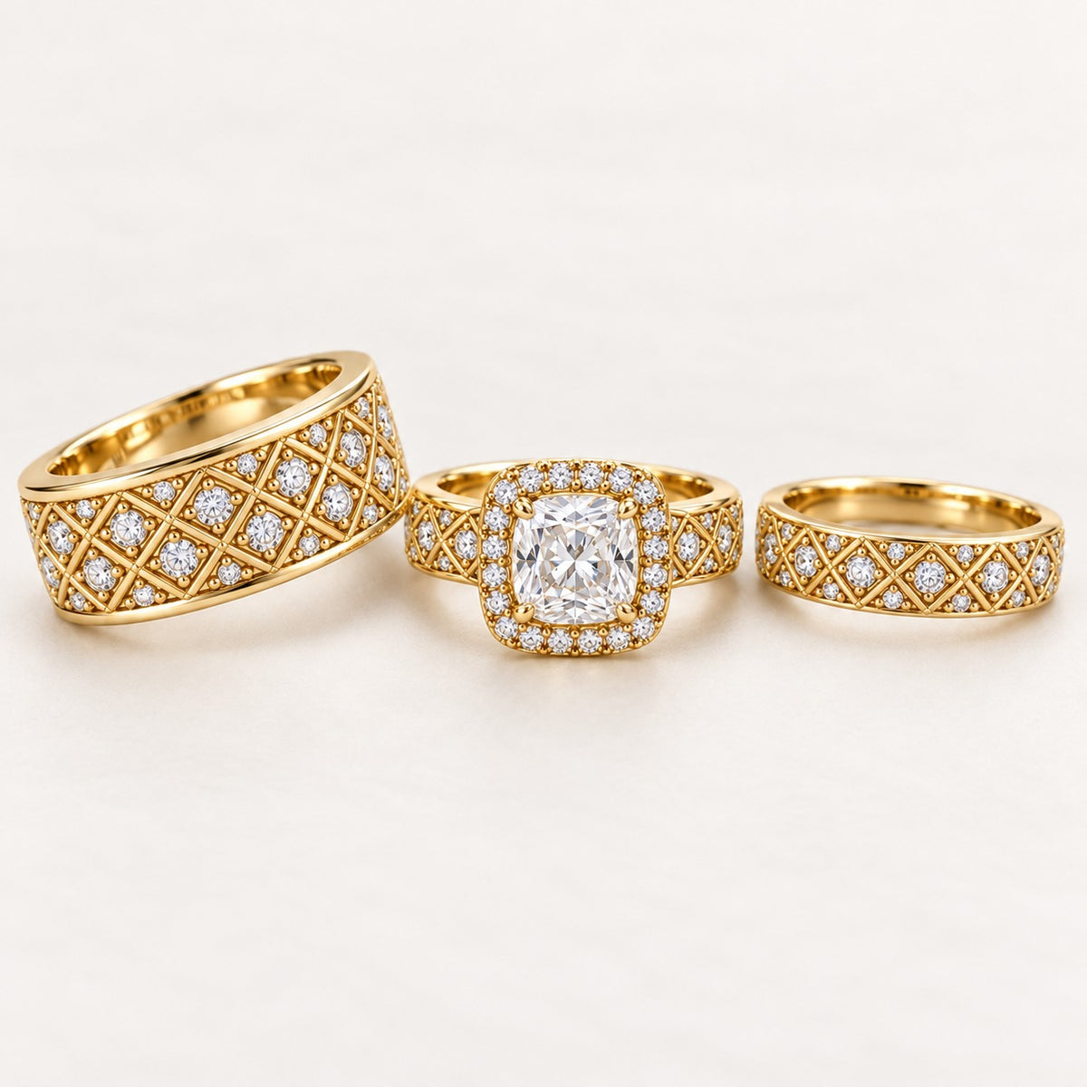 Cushion Halo His & Her Trio Ring Set with Diamond Lattice Bands