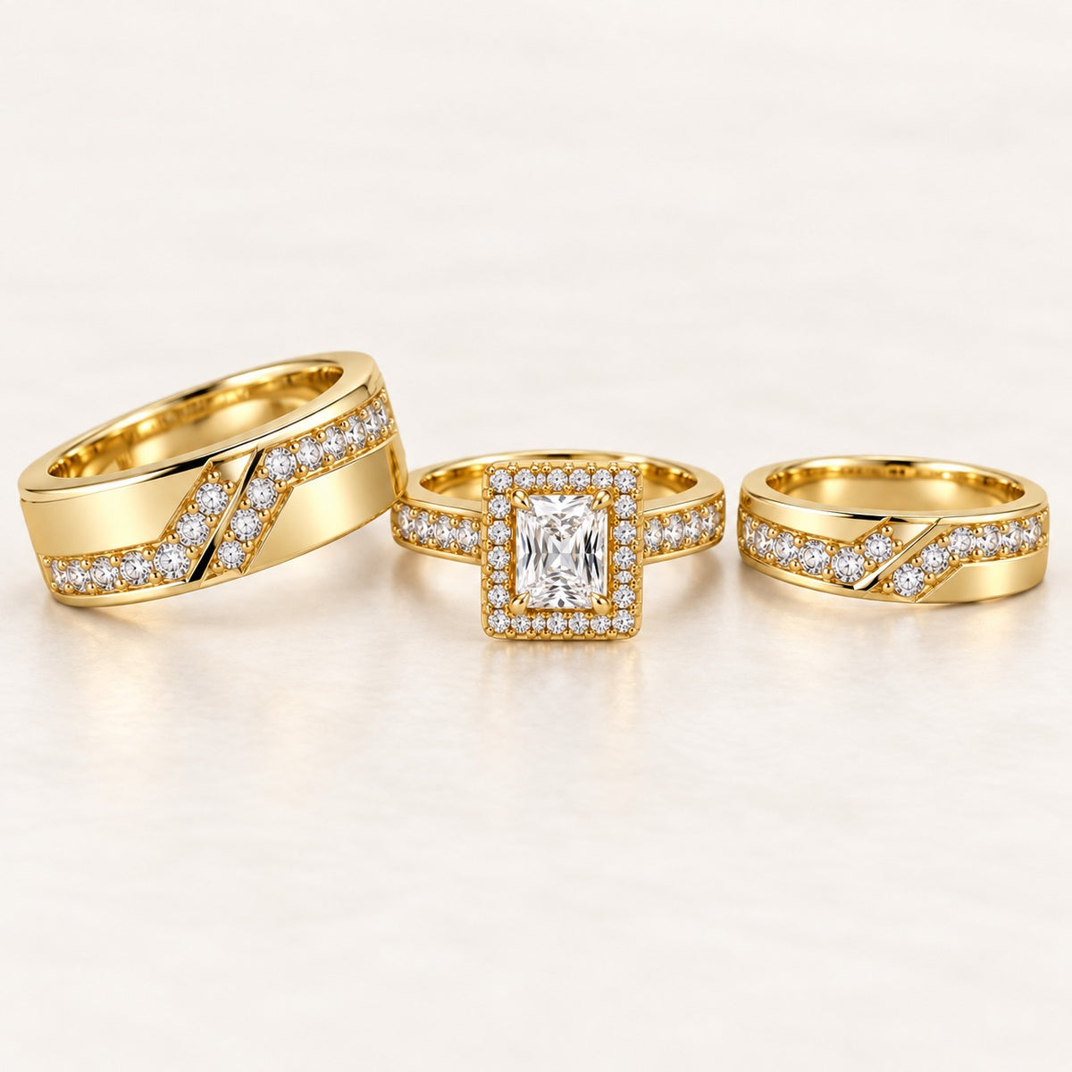Radiant Halo His & Her Trio Ring Set with Diagonal Step Pave Bands