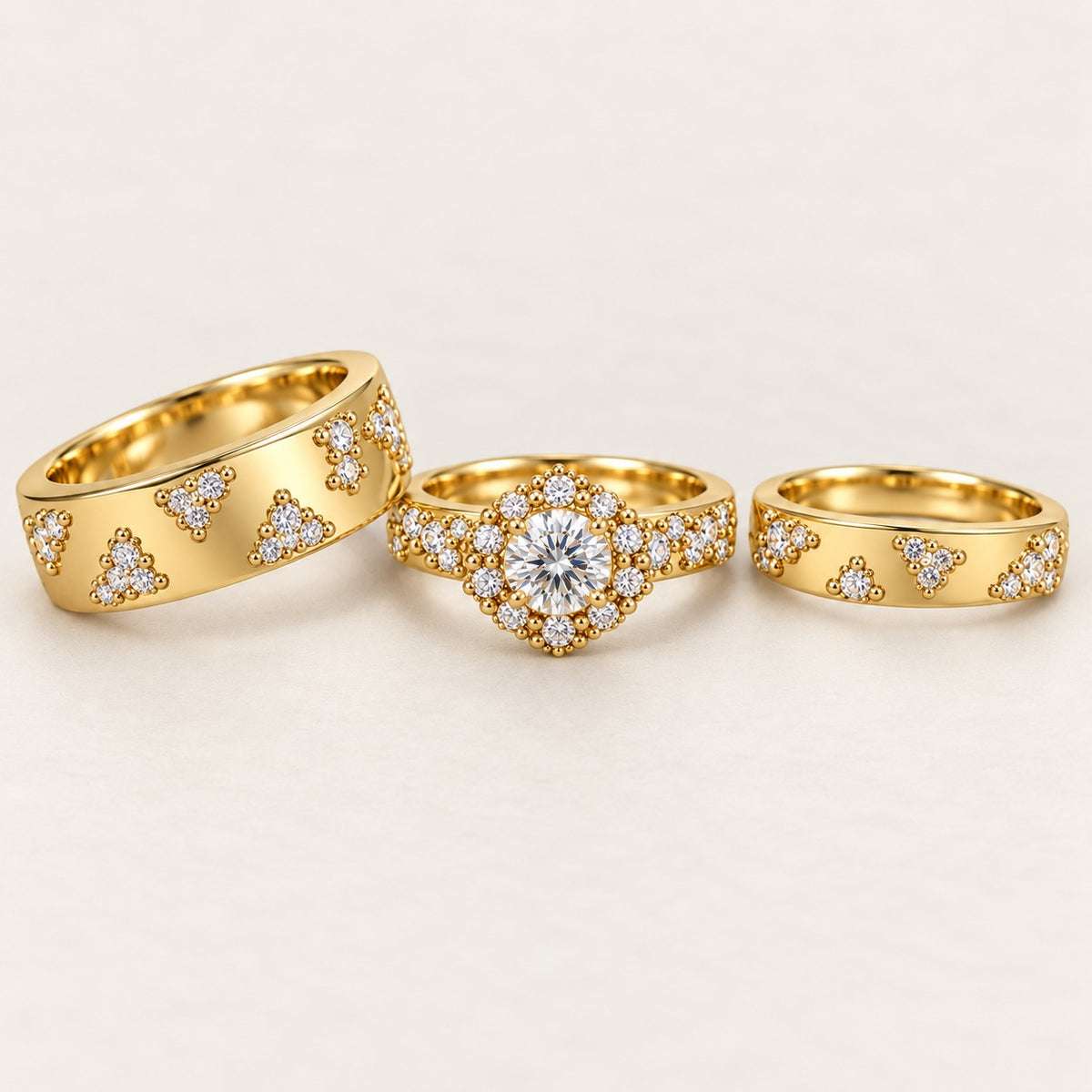 Round Floral Halo His & Her Trio Ring Set, 925 Sterling Silver