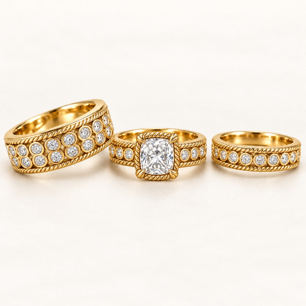 Cushion Solitaire His & Her Trio Ring Set with Rope Bezel Bands