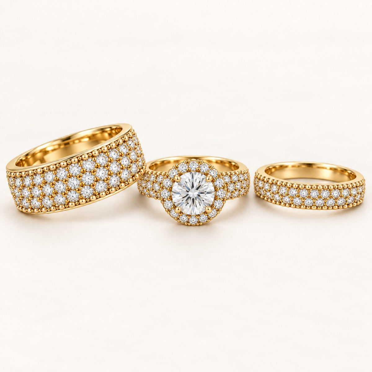 Round Halo His & Her Trio Ring Set with Multi Row Pave Bands
