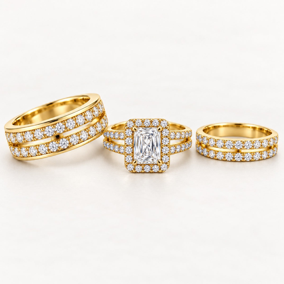 Radiant Halo His & Her Trio Ring Set with Double Row Bands