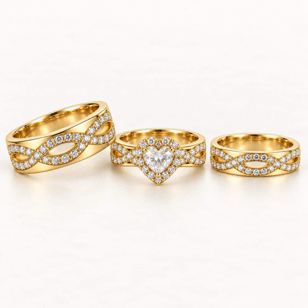 Heart Halo His & Her Trio Ring Set with Infinity Twist Bands