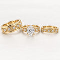 Oval Solitaire His & Her Trio Ring Set with Diamond Motif Bands