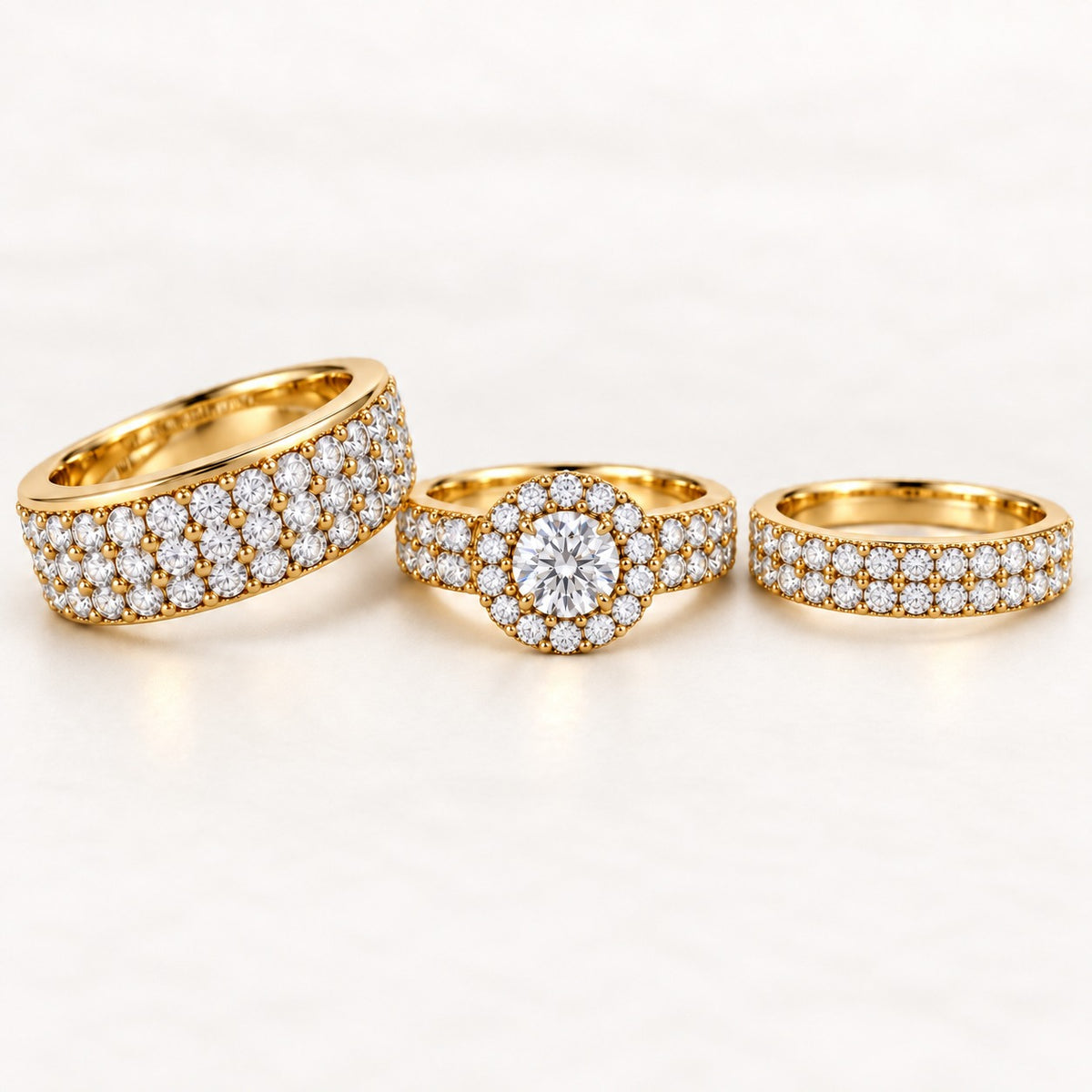 Round Halo His & Her Trio Ring Set with Triple Row Pave Bands
