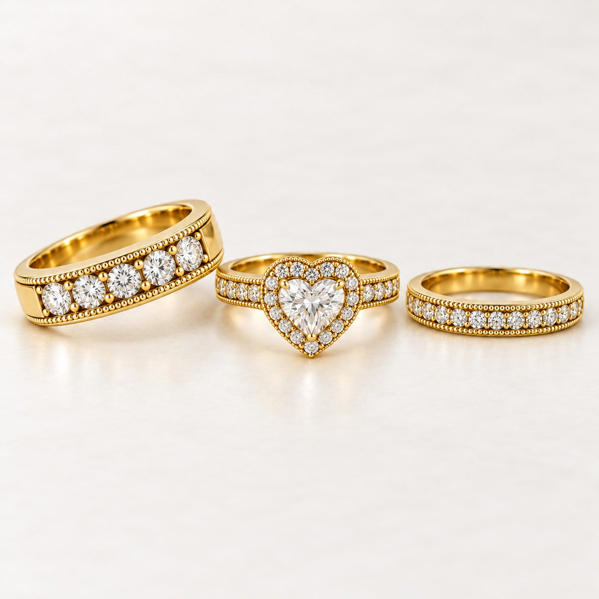Heart Milgrain Halo His & Her Trio Ring Set with Large Round Stone Band