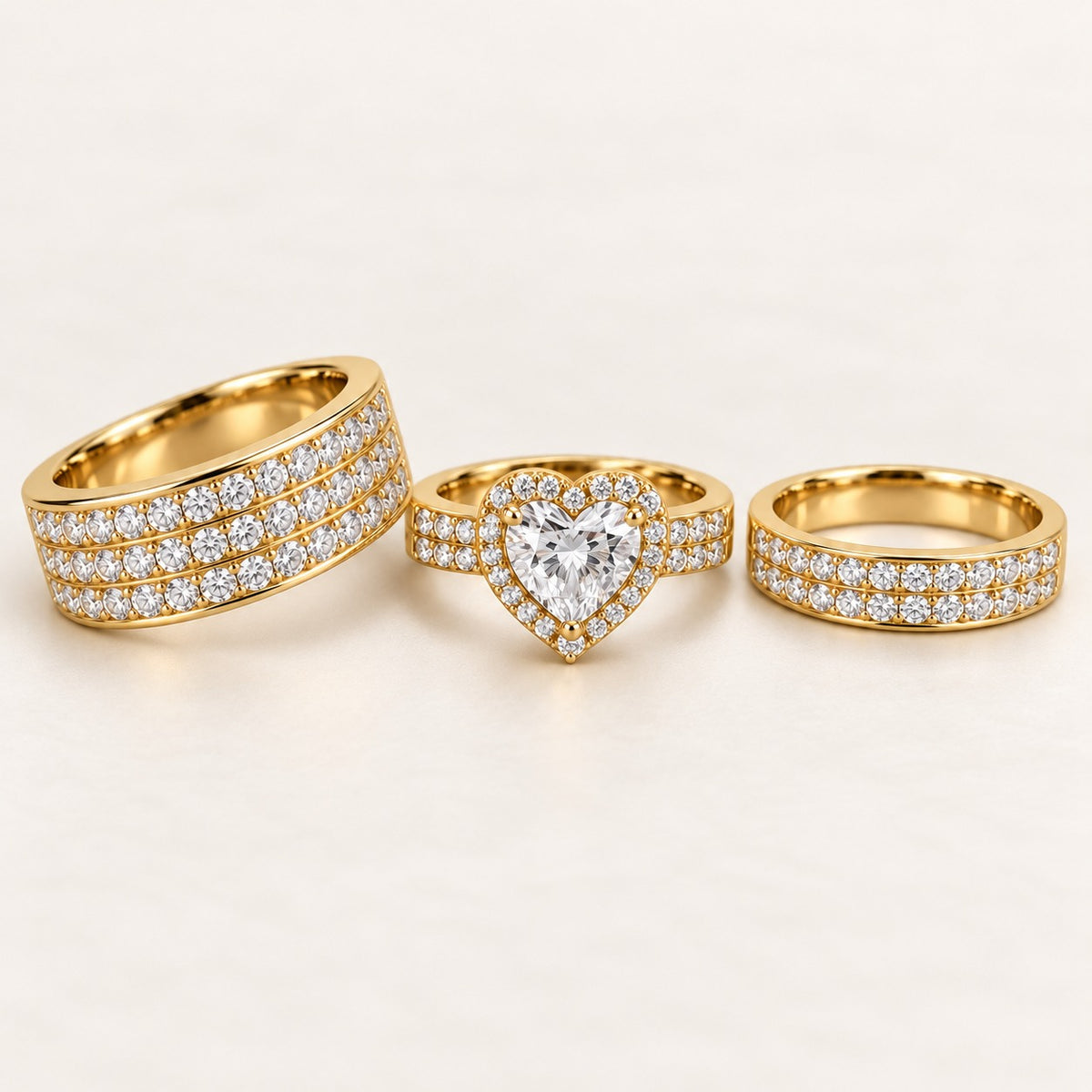 Heart Halo His & Her Trio Ring Set with Triple Row Pave Bands