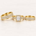 Radiant Halo His & Her Trio Ring Set with Double Row Pave Bands
