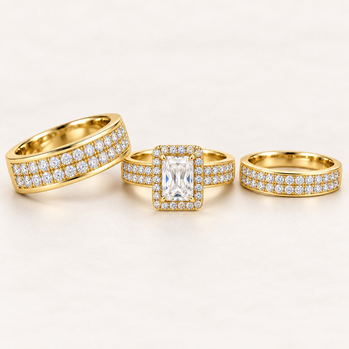 Radiant Halo His & Her Trio Ring Set with Double Row Pave Bands