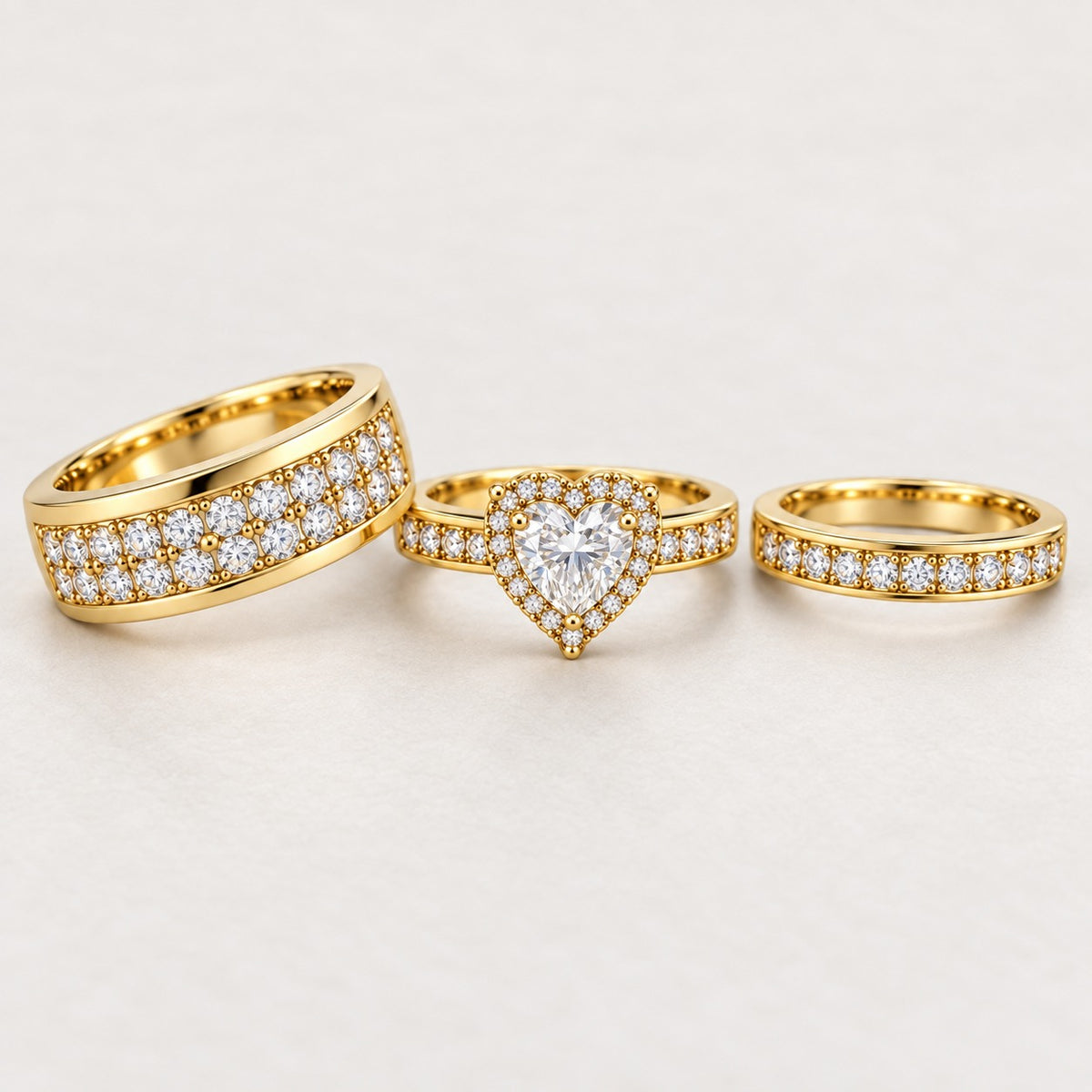 Heart Halo His & Her Trio Ring Set with Two Row Cluster Bands