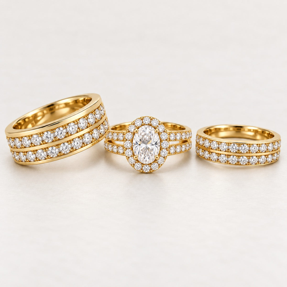 Oval Halo Double Row His & Her Trio Ring Set in 925 Silver | BENRAP ...