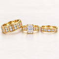 Radiant Solitaire His & Her Trio Ring Set with Vertical Bar Station Bands