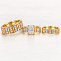 Radiant Solitaire His & Her Trio Ring Set with Paired Stone Vertical Bar Bands