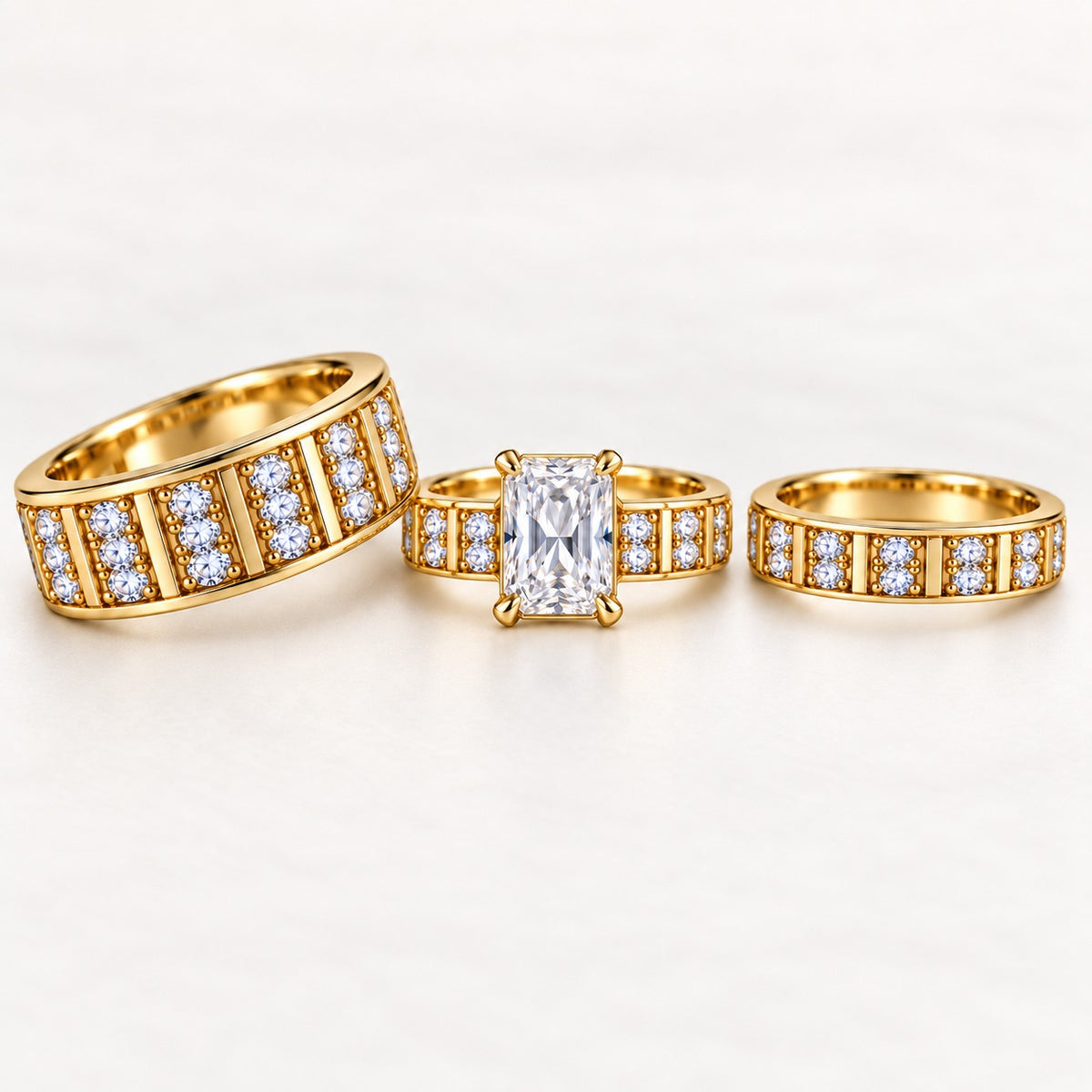 Radiant Solitaire His & Her Trio Ring Set with Paired Stone Vertical Bar Bands