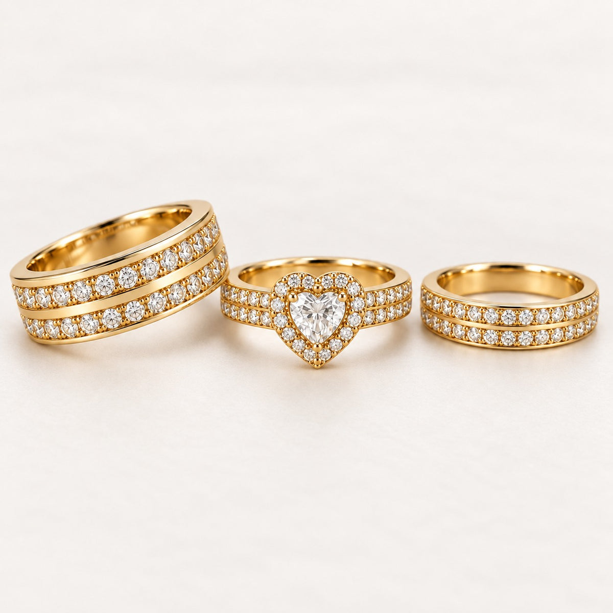 Heart Halo His & Her Trio Ring Set with Double Row Divider Bands